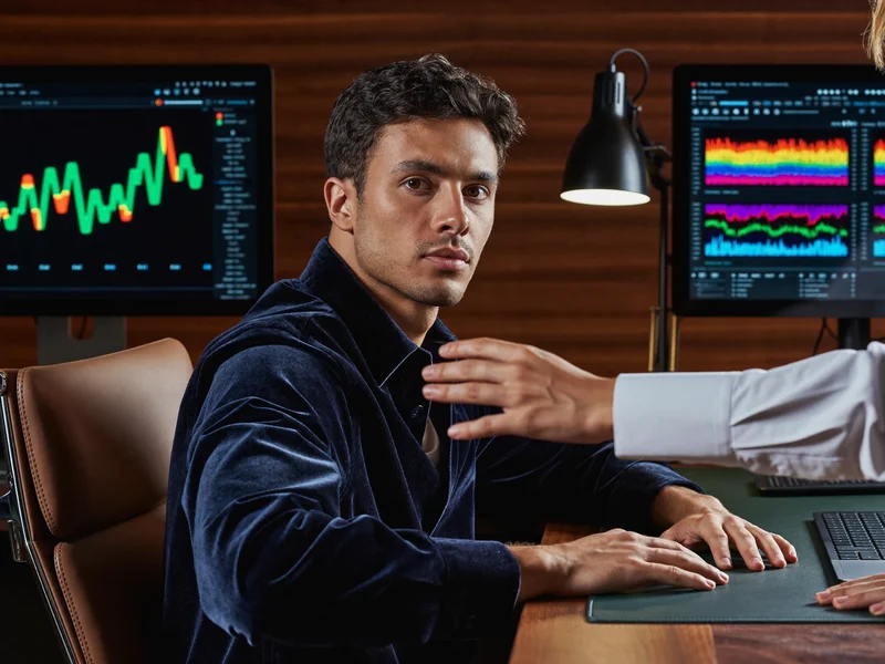 Due persone davanti a doppio monitor con grafici astratti