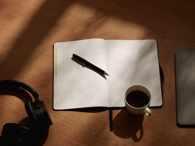 Scrivania di studio ordinata con taccuino, penna e cuffie